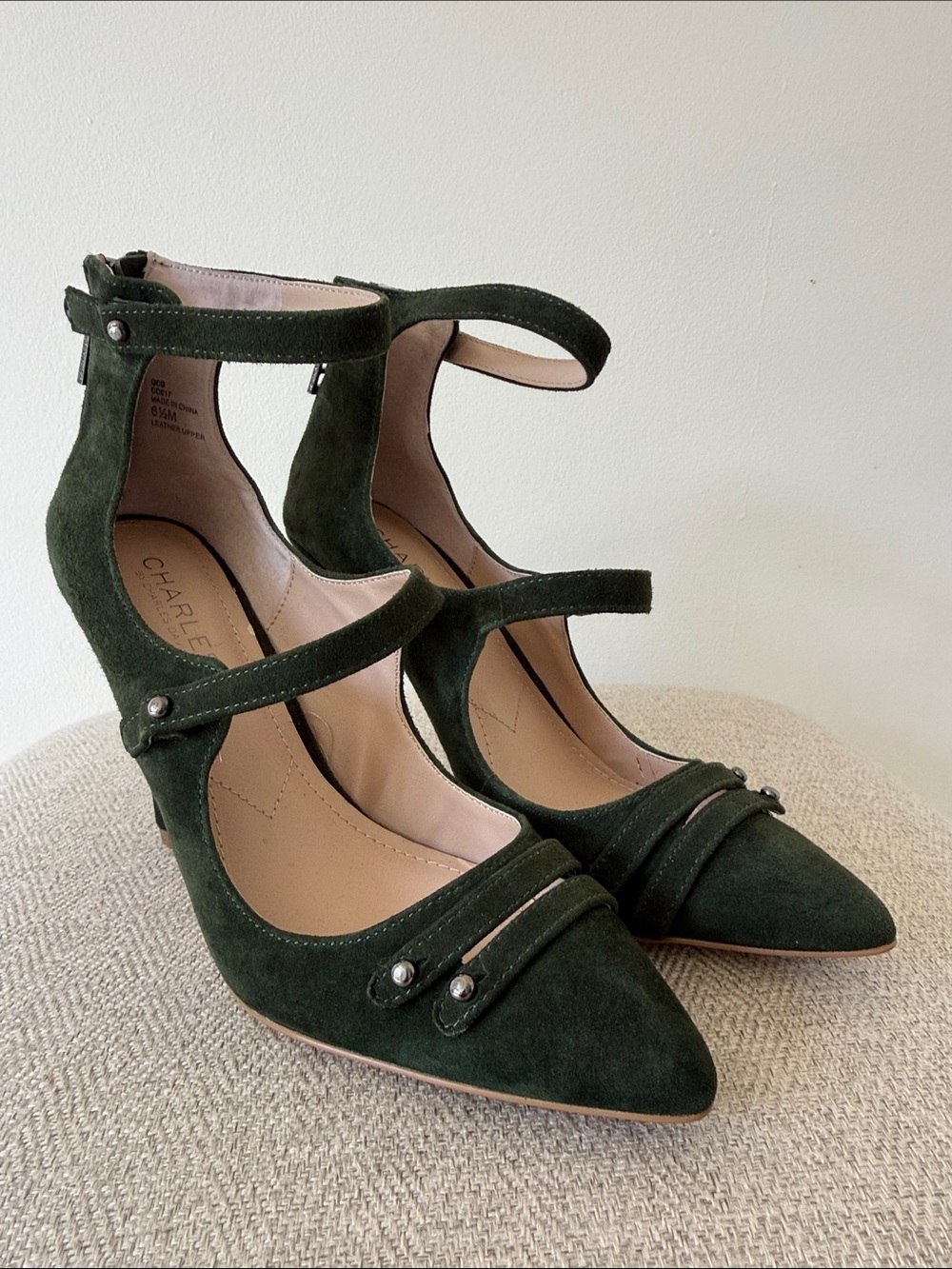 Charles David Dark Green Suede Multi-Strap Pointed-Toe Heels